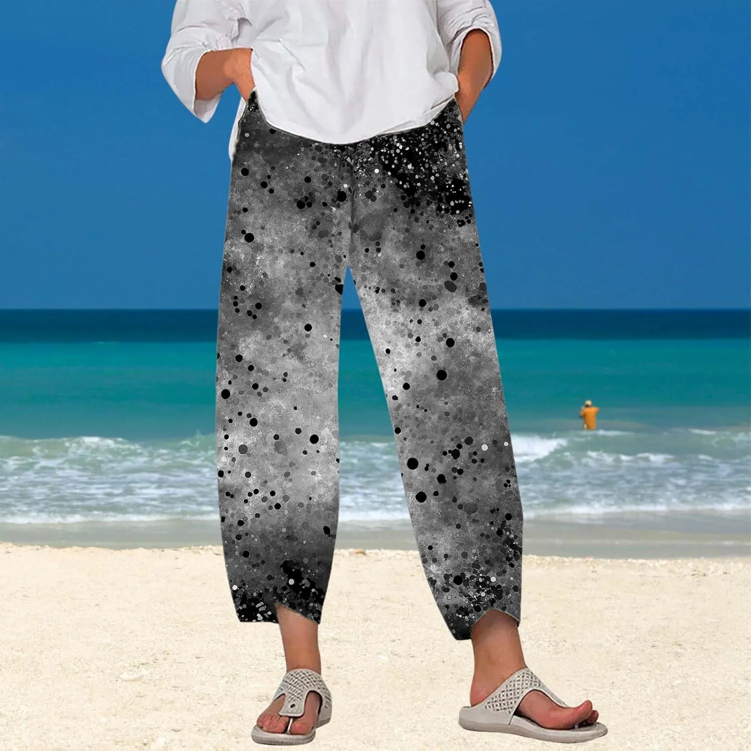 Star Graphic Printed Pants for Womens Cotton Linen Summer Cute Capri Pants Wide Leg Comfy Baggy Palazzo Trousers