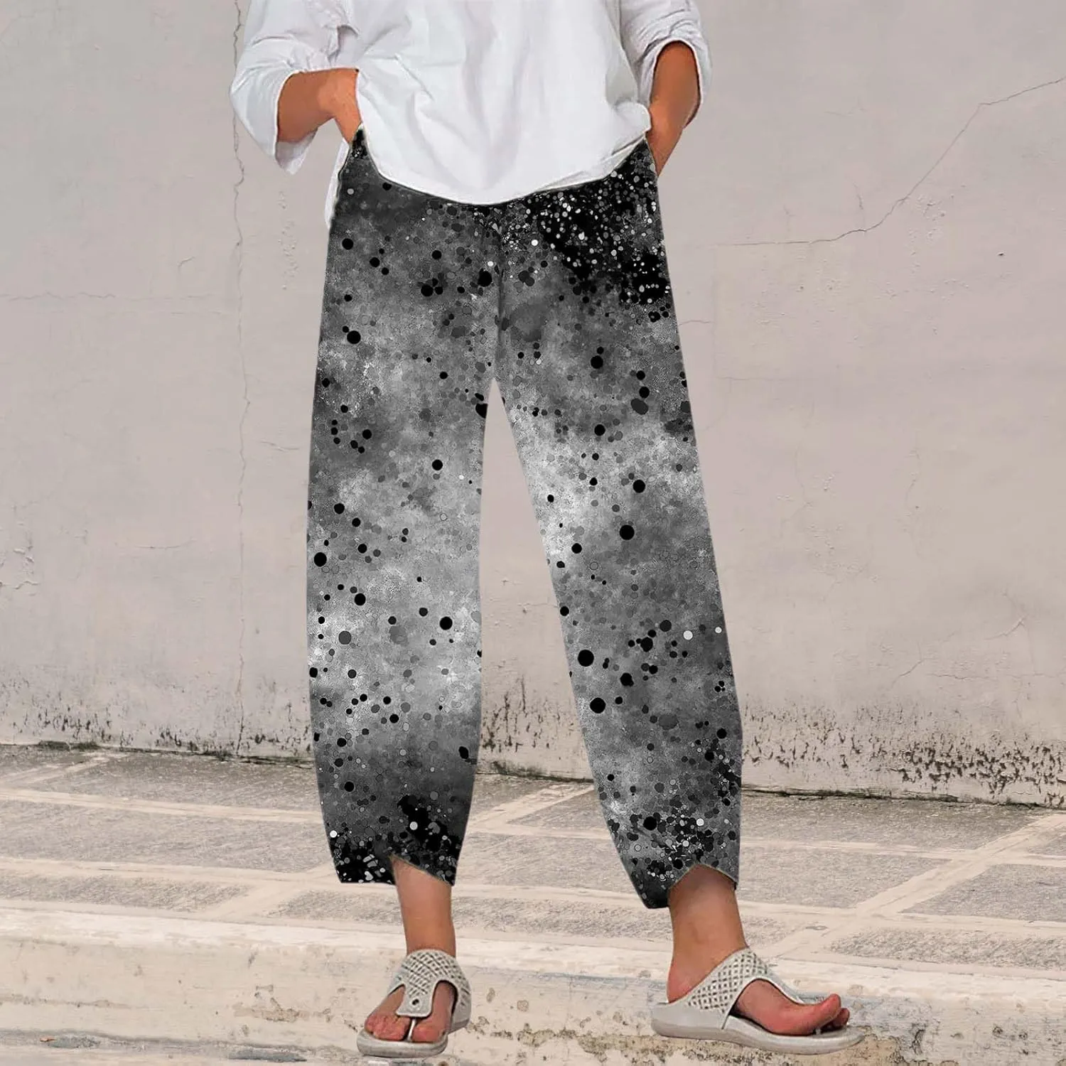 Star Graphic Printed Pants for Womens Cotton Linen Summer Cute Capri Pants Wide Leg Comfy Baggy Palazzo Trousers