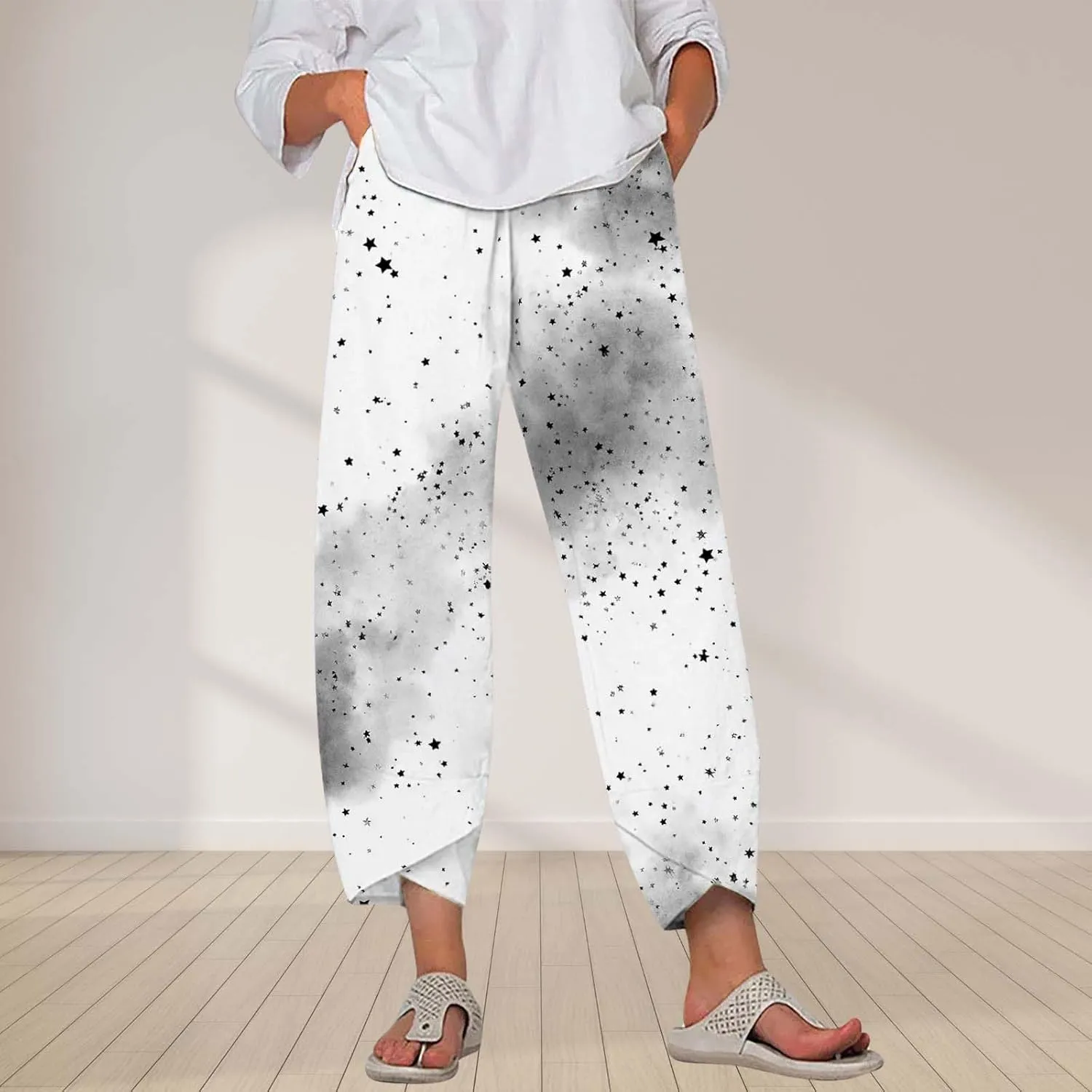 Star Graphic Printed Pants for Womens Cotton Linen Summer Cute Capri Pants Wide Leg Comfy Baggy Palazzo Trousers