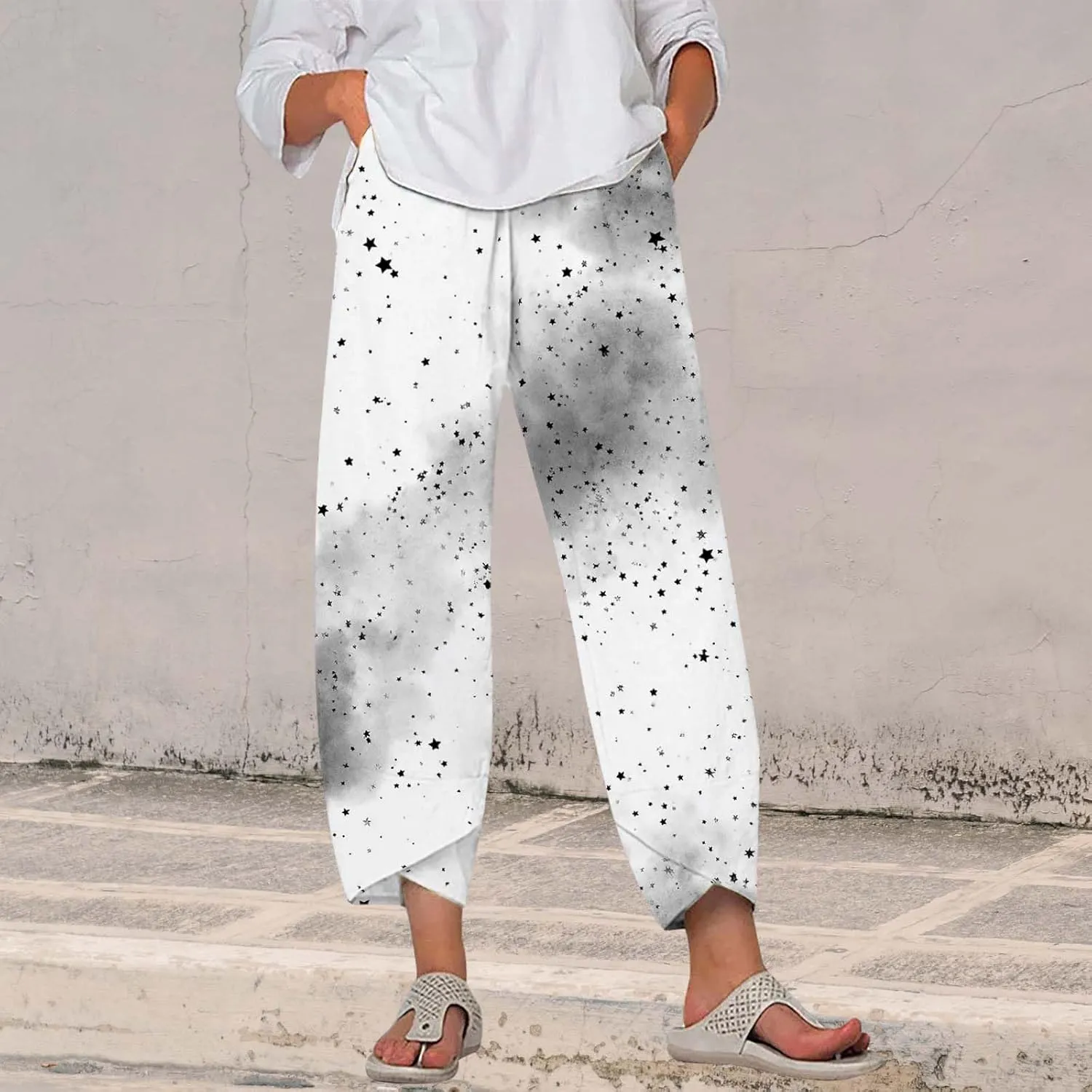 Star Graphic Printed Pants for Womens Cotton Linen Summer Cute Capri Pants Wide Leg Comfy Baggy Palazzo Trousers
