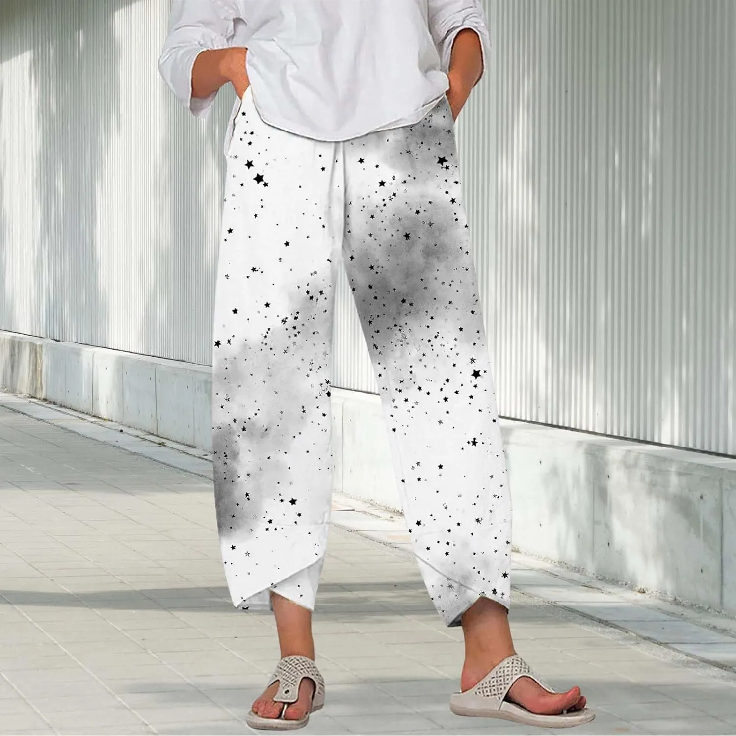 Star Graphic Printed Pants for Womens Cotton Linen Summer Cute Capri Pants Wide Leg Comfy Baggy Palazzo Trousers