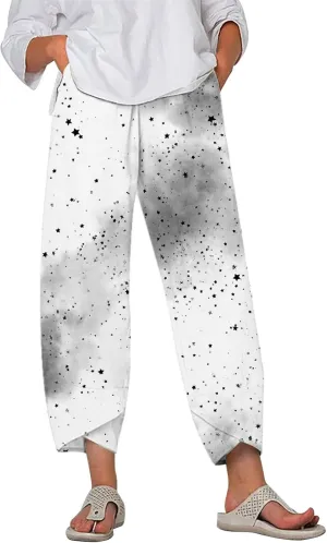 Star Graphic Printed Pants for Womens Cotton Linen Summer Cute Capri Pants Wide Leg Comfy Baggy Palazzo Trousers