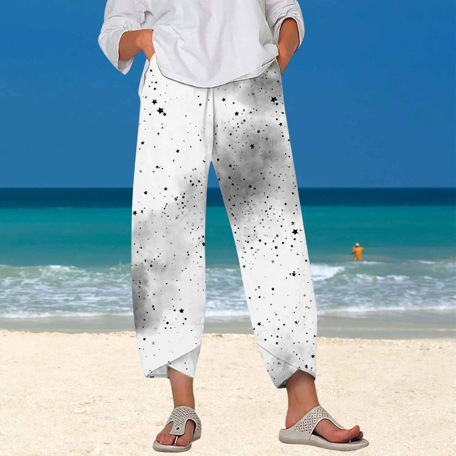 Star Graphic Printed Pants for Womens Cotton Linen Summer Cute Capri Pants Wide Leg Comfy Baggy Palazzo Trousers
