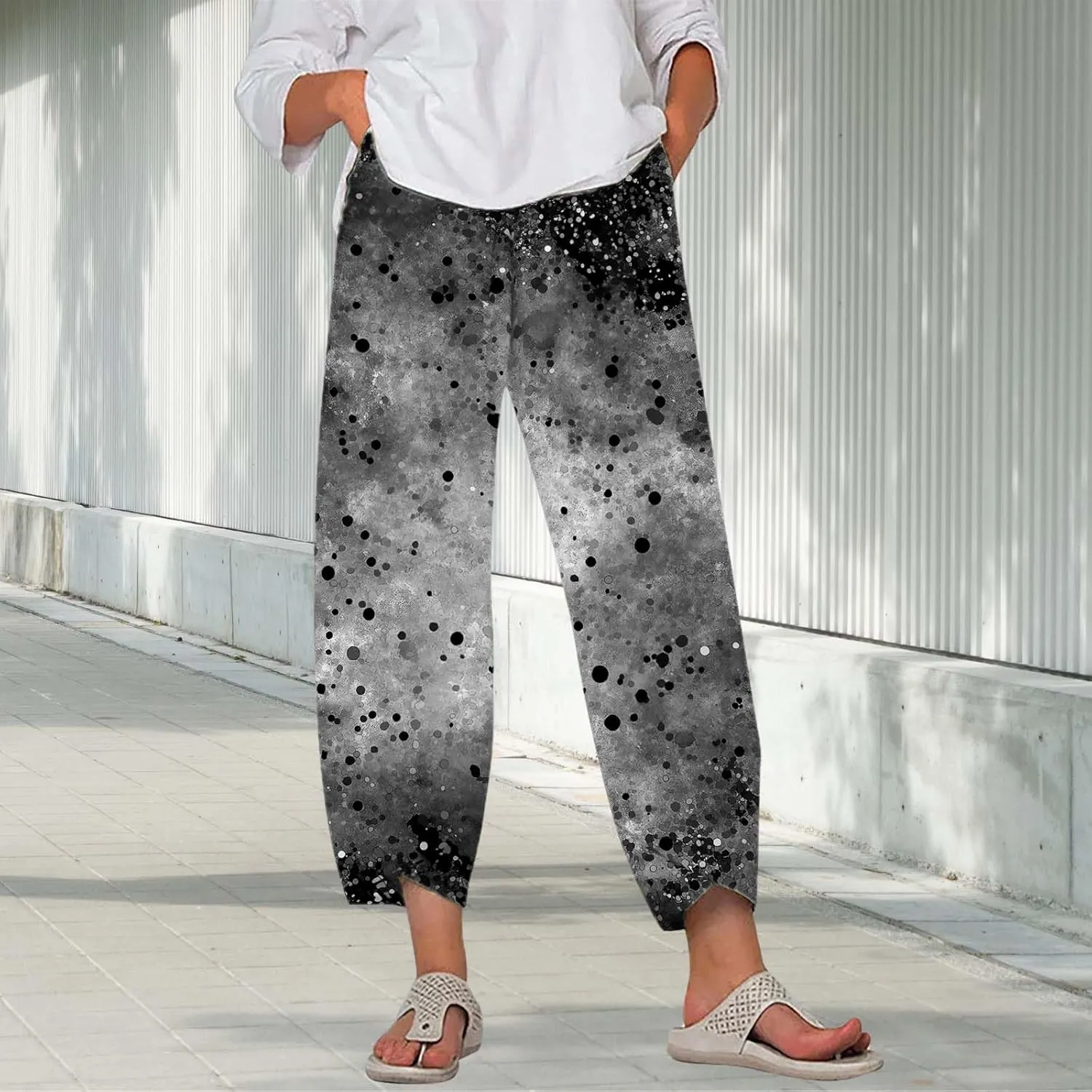 Star Graphic Printed Pants for Womens Cotton Linen Summer Cute Capri Pants Wide Leg Comfy Baggy Palazzo Trousers