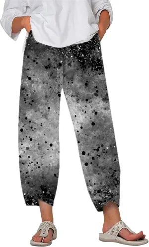 Star Graphic Printed Pants for Womens Cotton Linen Summer Cute Capri Pants Wide Leg Comfy Baggy Palazzo Trousers