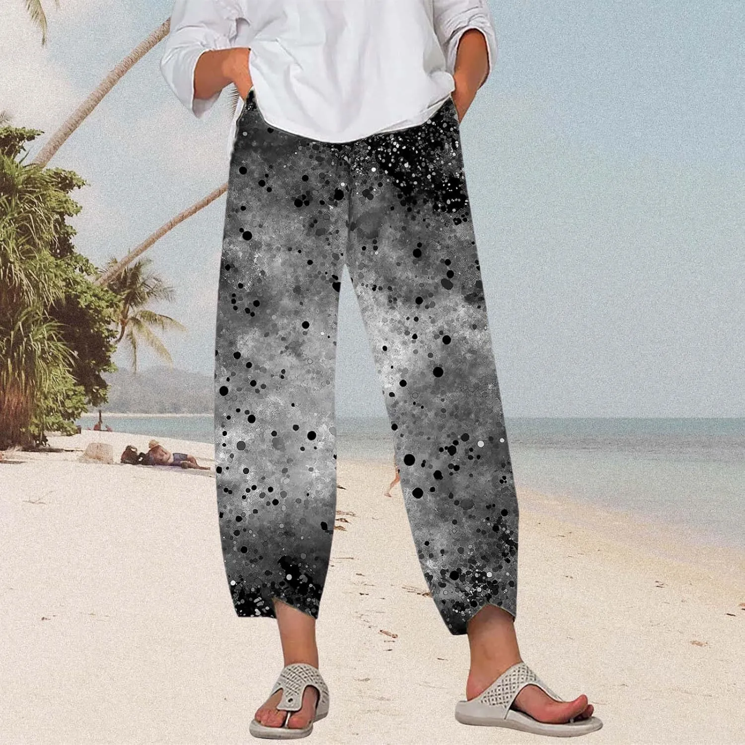 Star Graphic Printed Pants for Womens Cotton Linen Summer Cute Capri Pants Wide Leg Comfy Baggy Palazzo Trousers