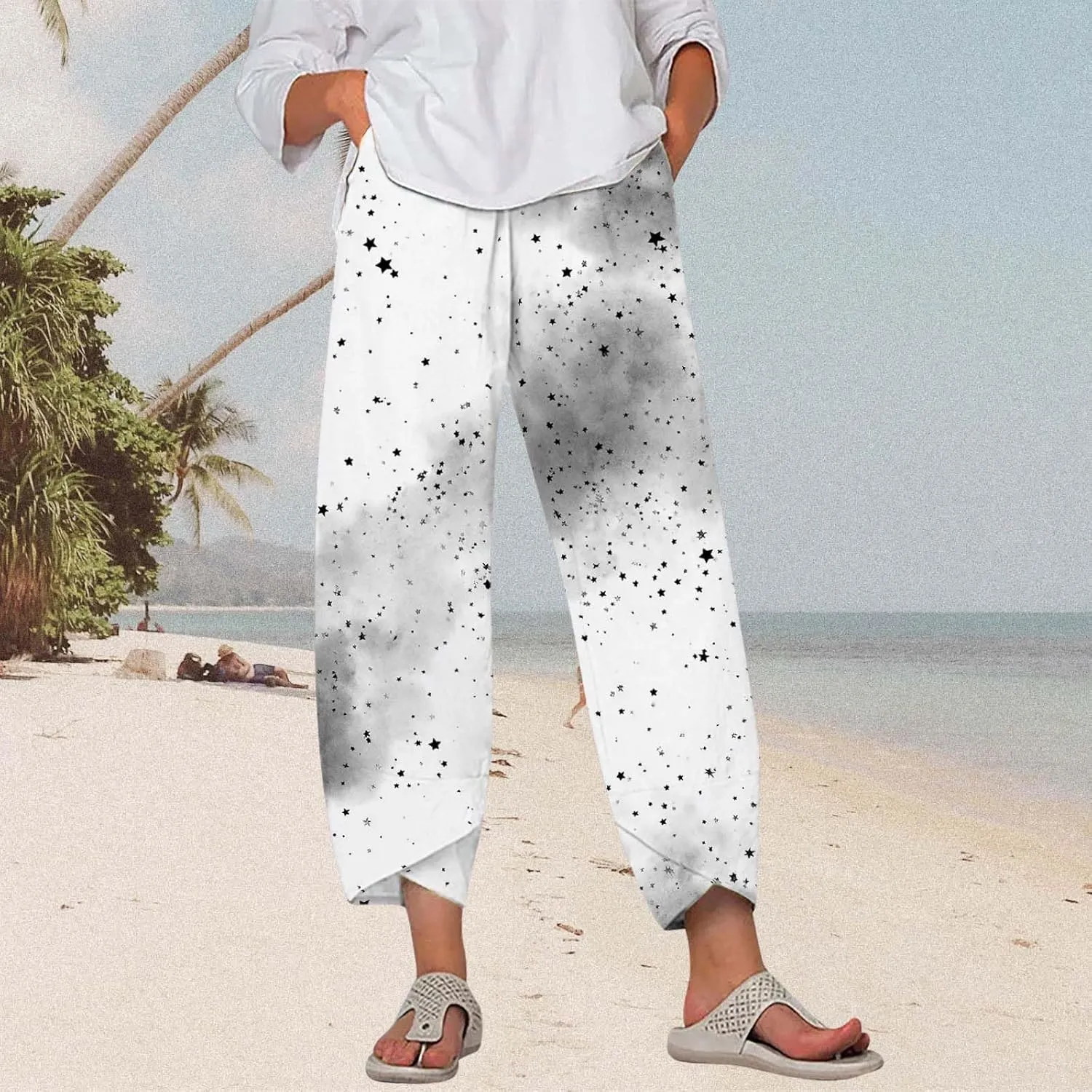 Star Graphic Printed Pants for Womens Cotton Linen Summer Cute Capri Pants Wide Leg Comfy Baggy Palazzo Trousers