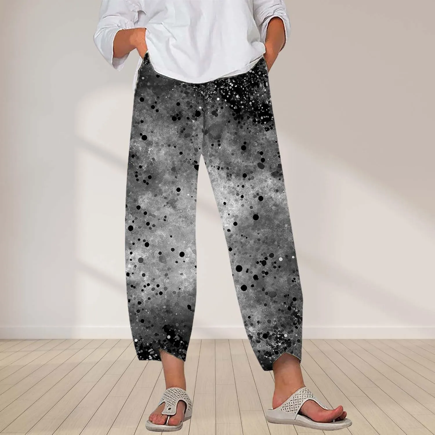 Star Graphic Printed Pants for Womens Cotton Linen Summer Cute Capri Pants Wide Leg Comfy Baggy Palazzo Trousers
