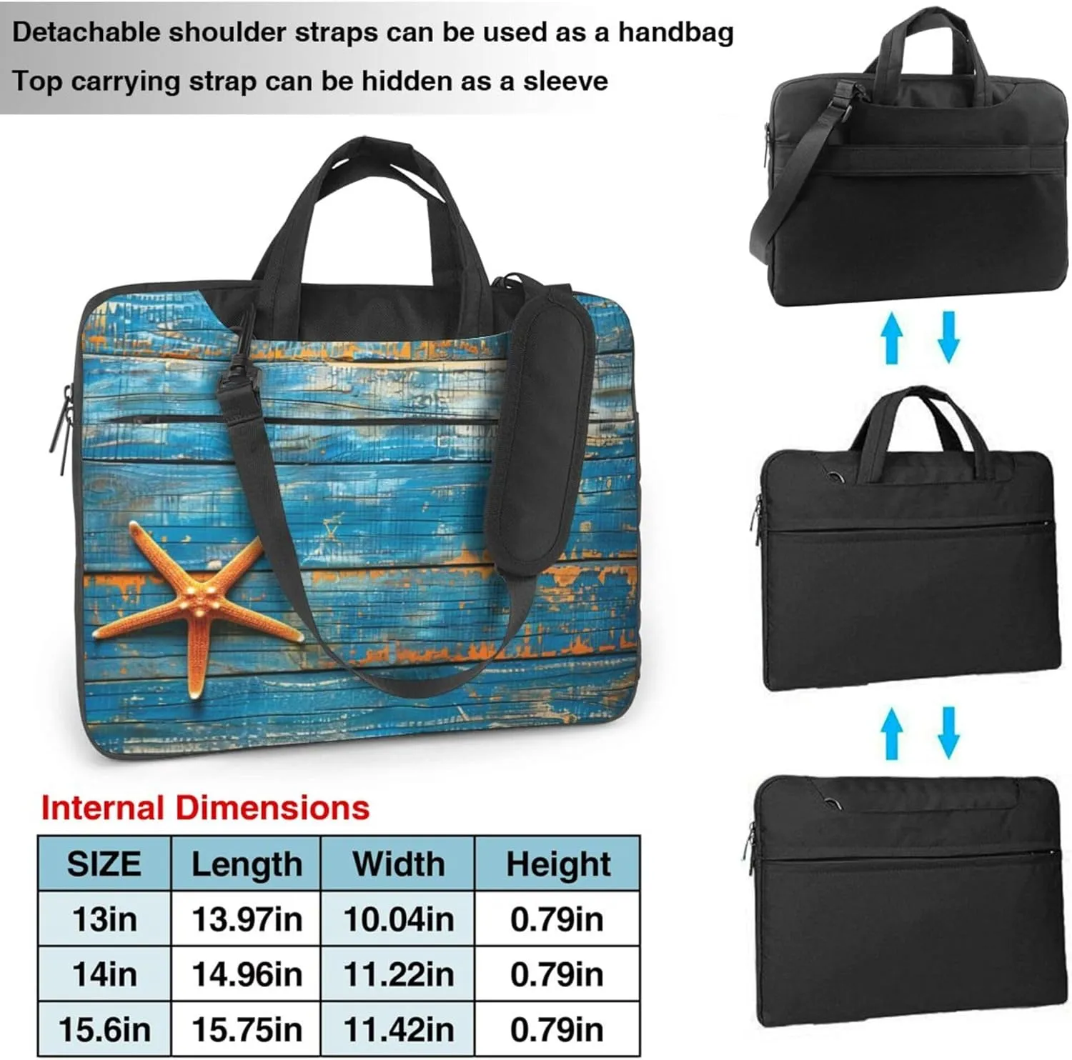 Starfish Laptop Shoulder Bag for Women, Wooden Starfish Beach Laptop Sleeve Case Durable Computer Bag