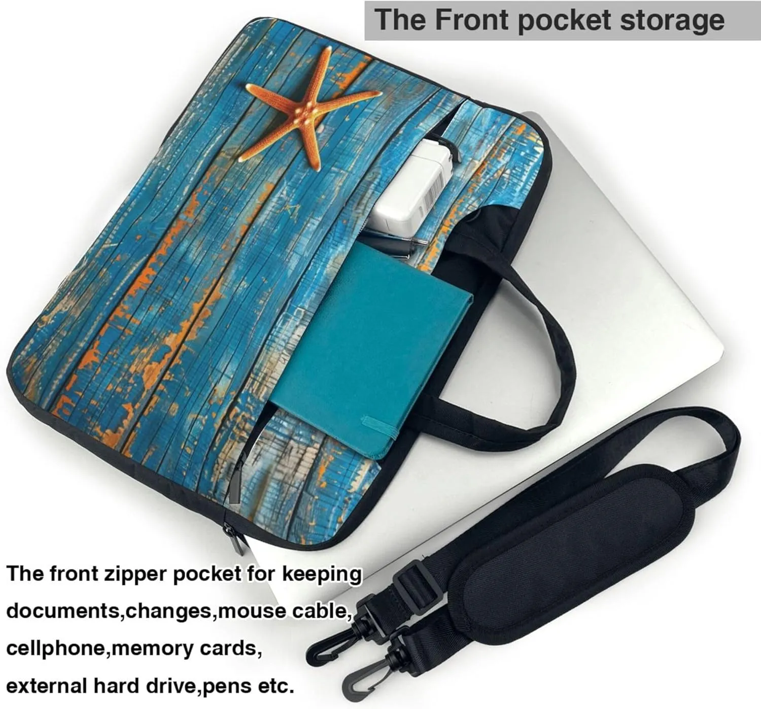 Starfish Laptop Shoulder Bag for Women, Wooden Starfish Beach Laptop Sleeve Case Durable Computer Bag