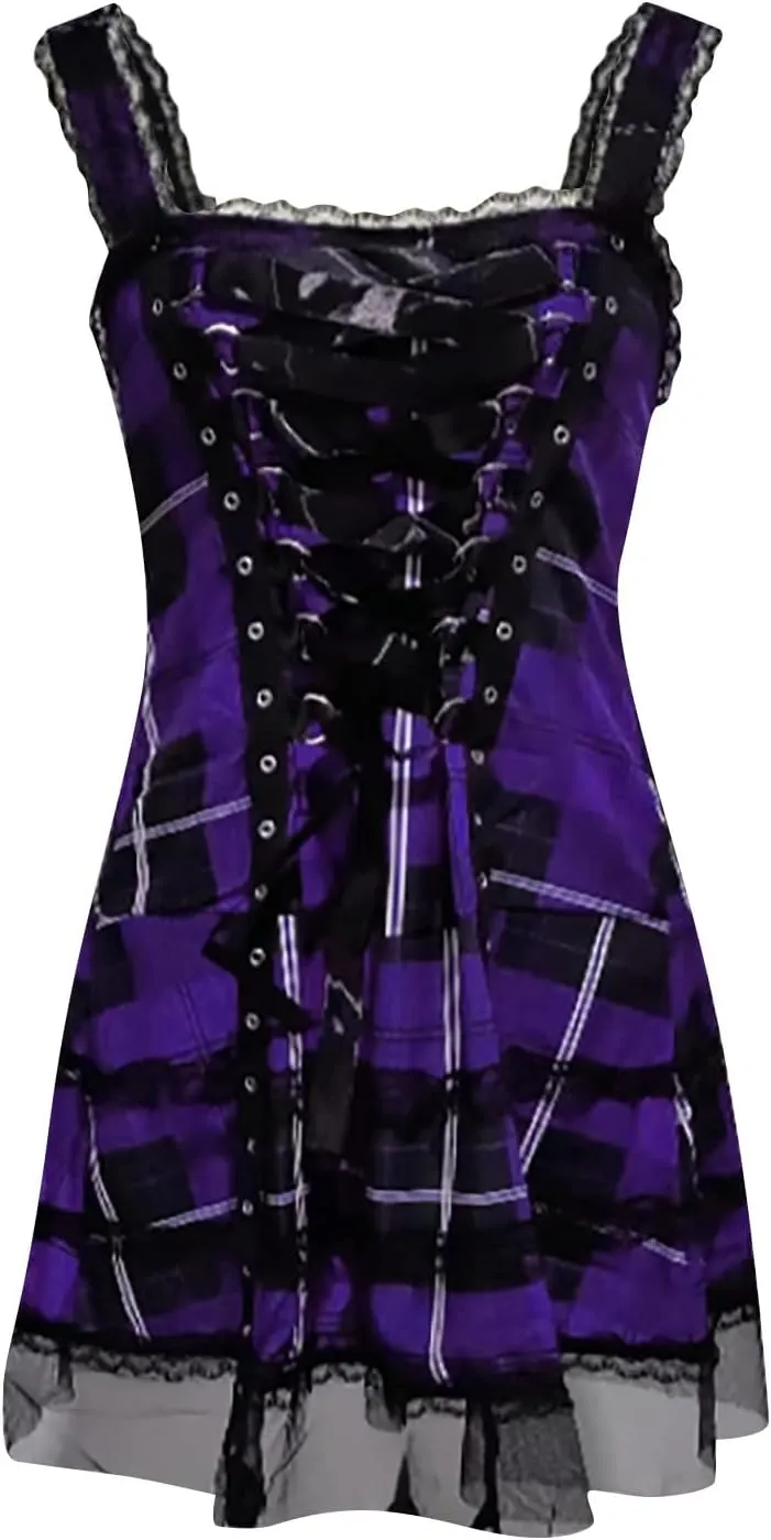 Steampunk Lace Up Plaid Skirt Medieval Renaissance Corset Mini Dress for Women Sleeveless Cami Gothic Lace Trim Costumes