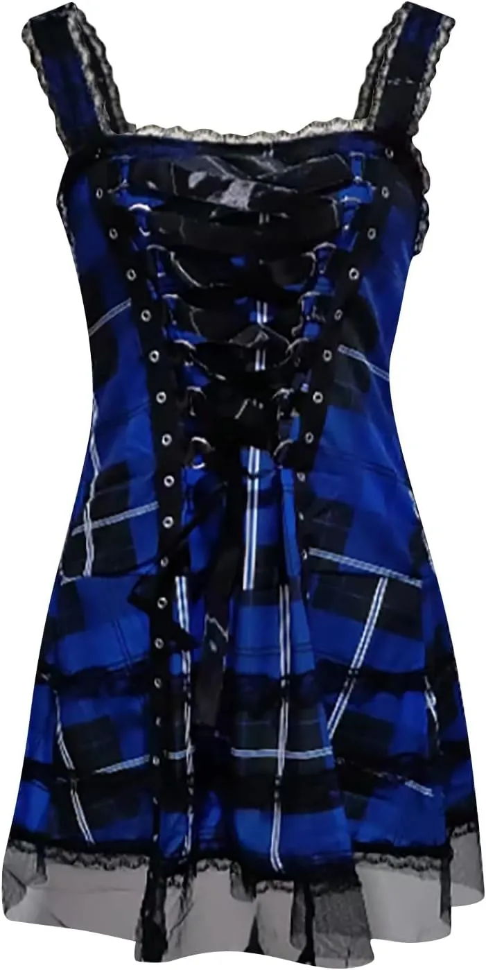 Steampunk Lace Up Plaid Skirt Medieval Renaissance Corset Mini Dress for Women Sleeveless Cami Gothic Lace Trim Costumes