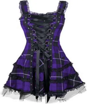 Steampunk Lace Up Plaid Skirt Medieval Renaissance Corset Mini Dress for Women Sleeveless Cami Gothic Lace Trim Costumes