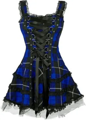 Steampunk Lace Up Plaid Skirt Medieval Renaissance Corset Mini Dress for Women Sleeveless Cami Gothic Lace Trim Costumes