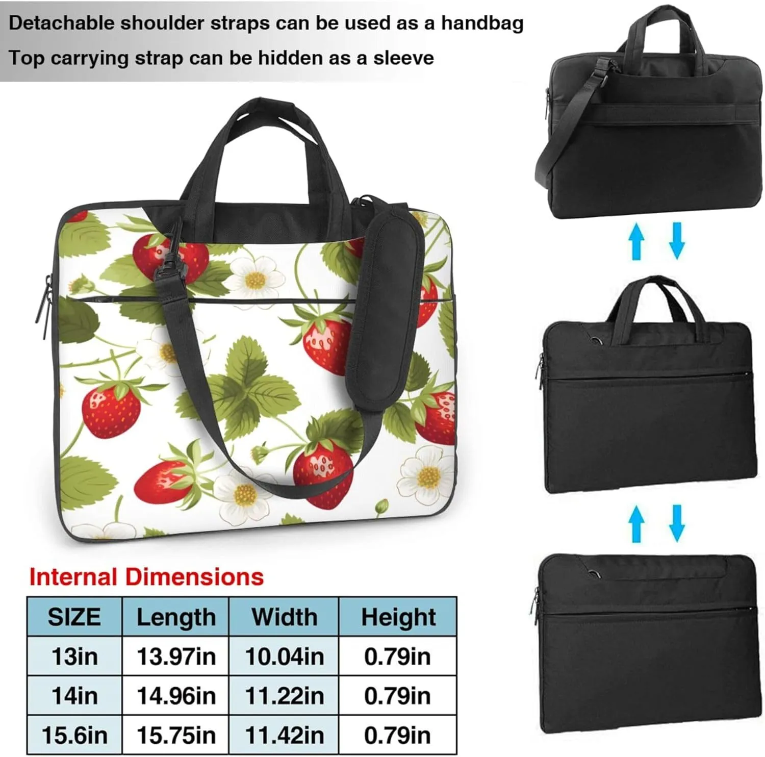 Strawberry Flower Laptop Shoulder Bag for Women, Strawberry Leaves Laptop Sleeve Case Durable Computer Bag