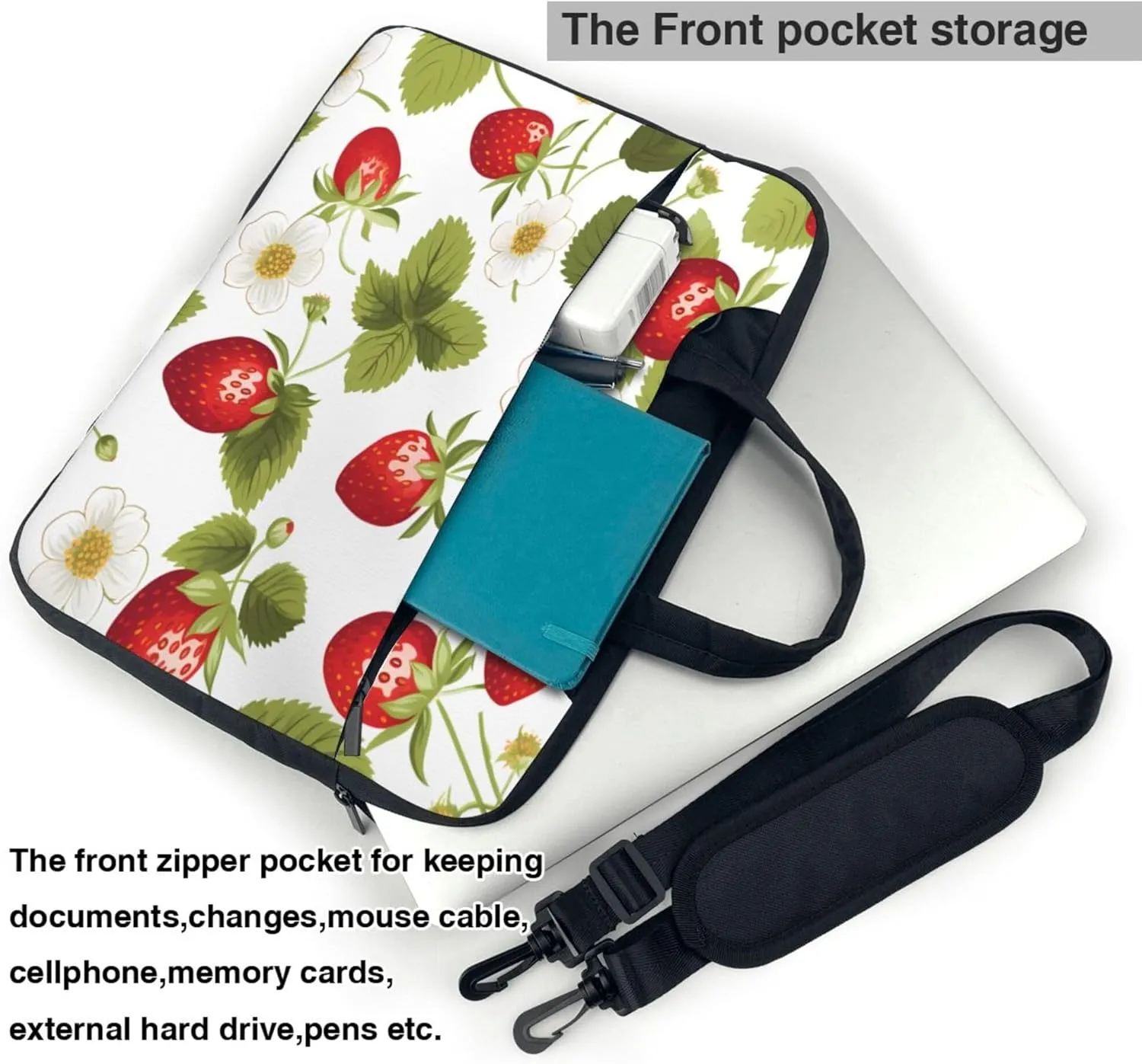 Strawberry Flower Laptop Shoulder Bag for Women, Strawberry Leaves Laptop Sleeve Case Durable Computer Bag