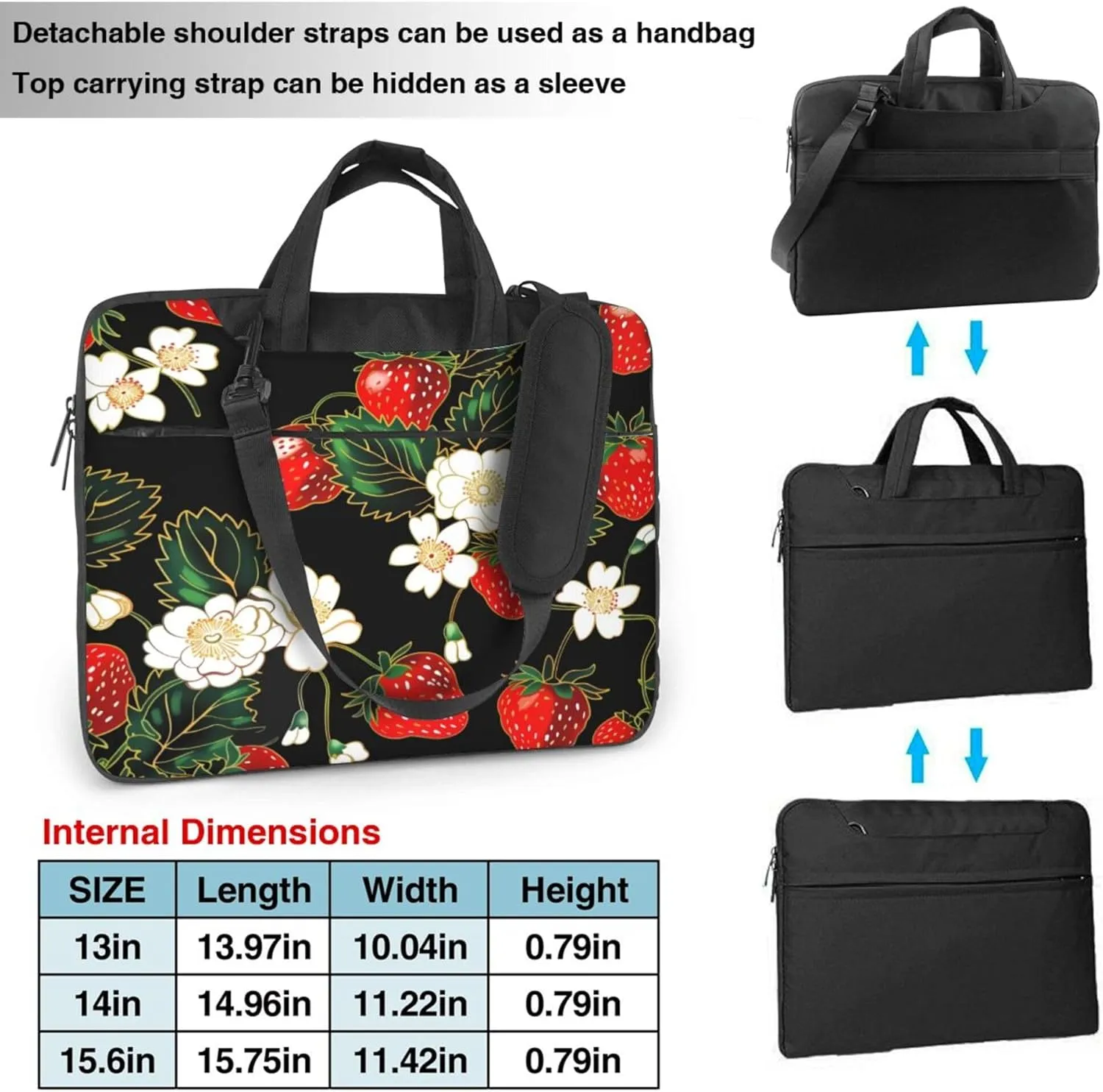 Strawberry Flower Laptop Shoulder Bag for Women, Strawberry Pattern Laptop Sleeve Case Durable Computer Bag