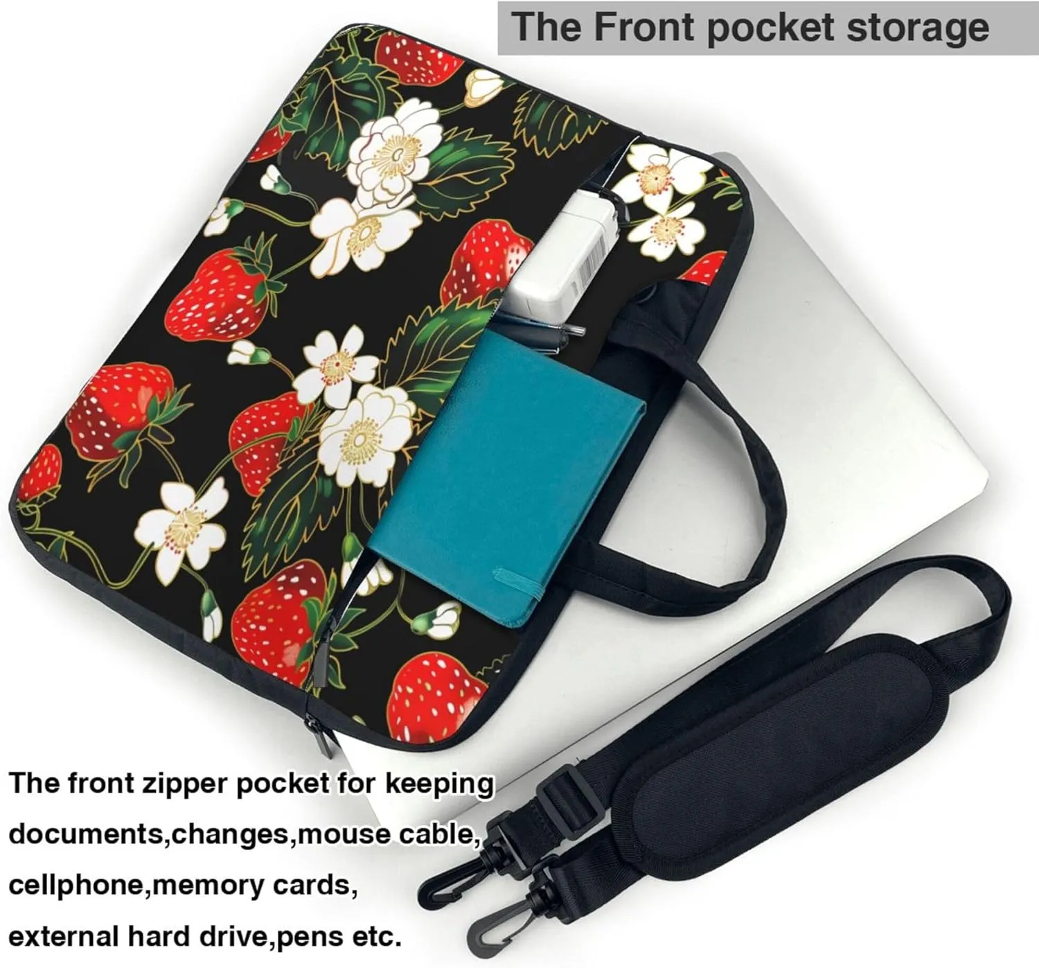 Strawberry Flower Laptop Shoulder Bag for Women, Strawberry Pattern Laptop Sleeve Case Durable Computer Bag