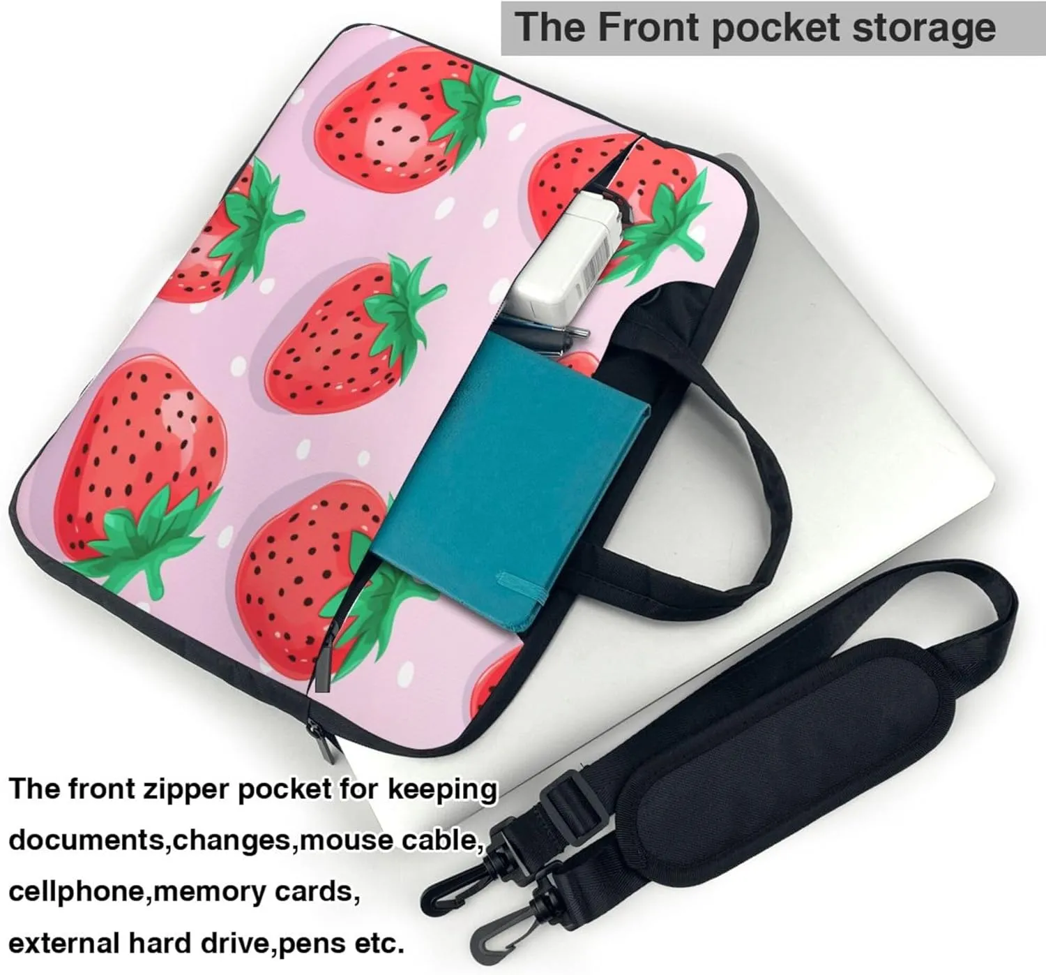 Strawberry Leaves Laptop Shoulder Bag for Women, Strawberry Painted Laptop Sleeve Case Durable Computer Bag