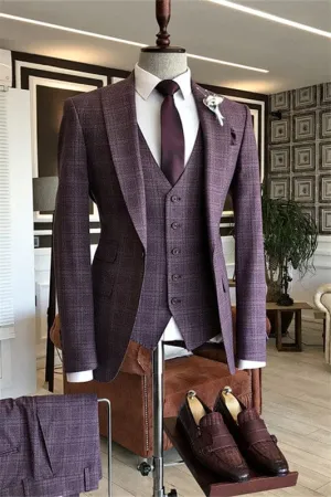 Stylish Purple Peaked Lapel Three Pieces Plaid Business Suits