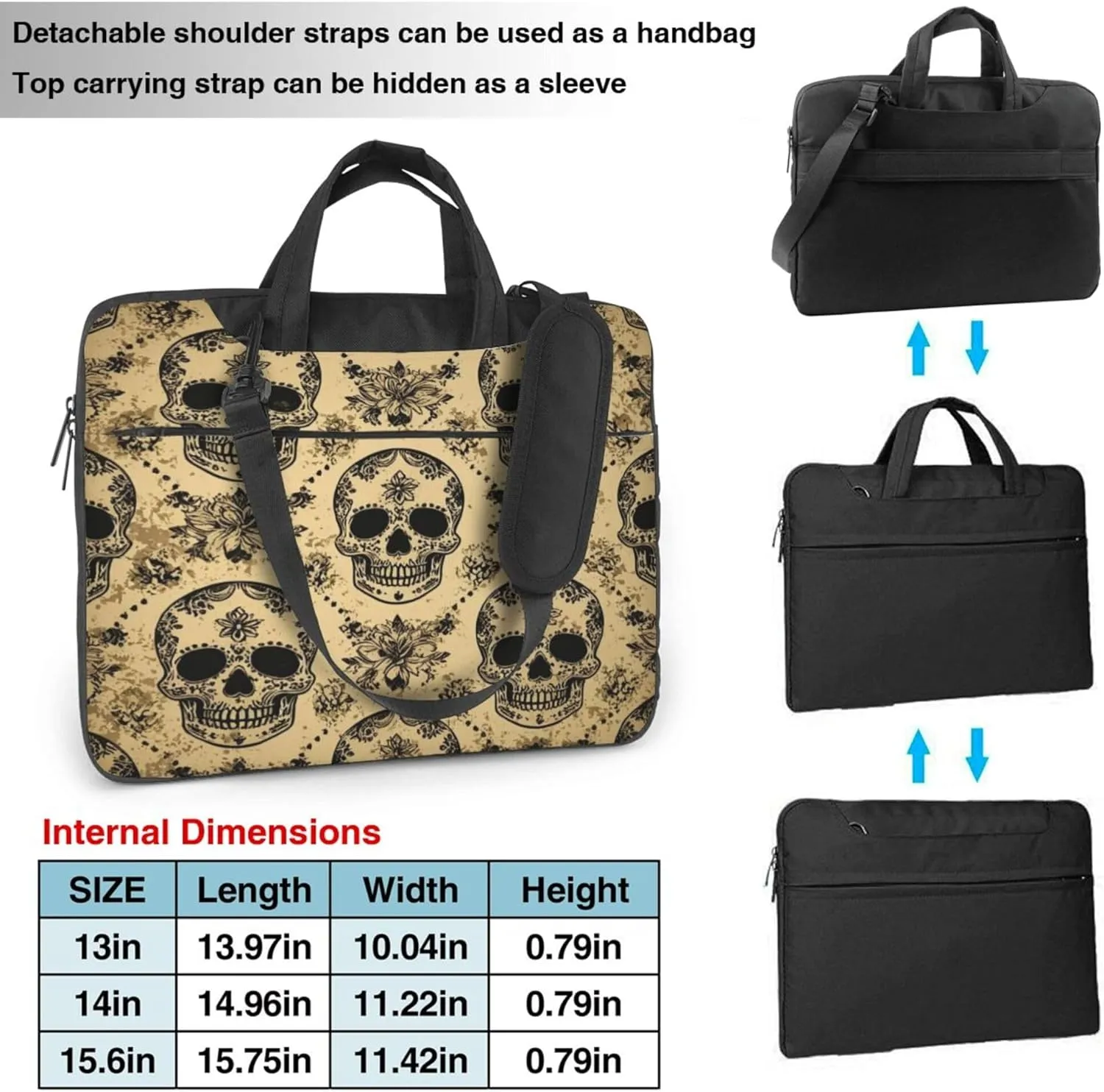Sugar Skull Laptop Shoulder Bag for Women, Vintage Skull Laptop Sleeve Case Durable Computer Bag