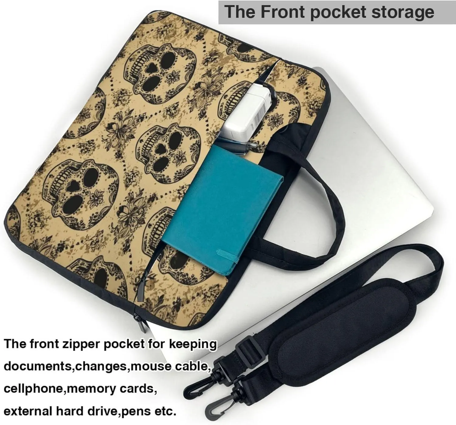 Sugar Skull Laptop Shoulder Bag for Women, Vintage Skull Laptop Sleeve Case Durable Computer Bag