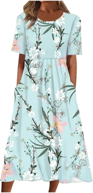 Summer Boho Dresses for Women 2025 Casual V Neck Button Dress Short Sleeve Sun Dress Vacation Long Dress with Pockets
