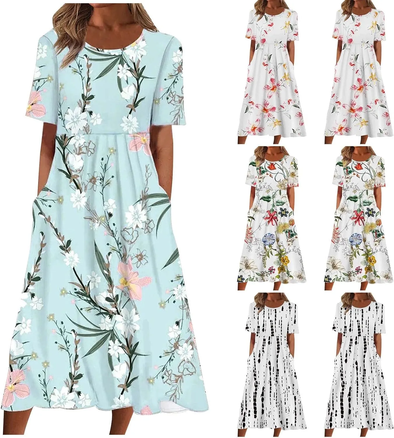 Summer Boho Dresses for Women 2025 Casual V Neck Button Dress Short Sleeve Sun Dress Vacation Long Dress with Pockets
