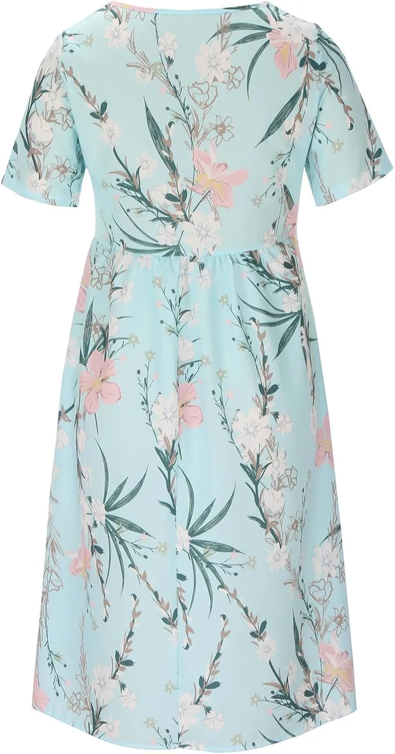 Summer Boho Dresses for Women 2025 Casual V Neck Button Dress Short Sleeve Sun Dress Vacation Long Dress with Pockets