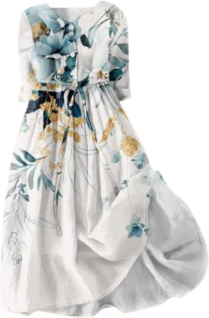 Summer Dress for Women 3/4 Sleeve Button Up A Line Flowy Maxi Dresses Vintage Floral Literary Simple Cotton Dress
