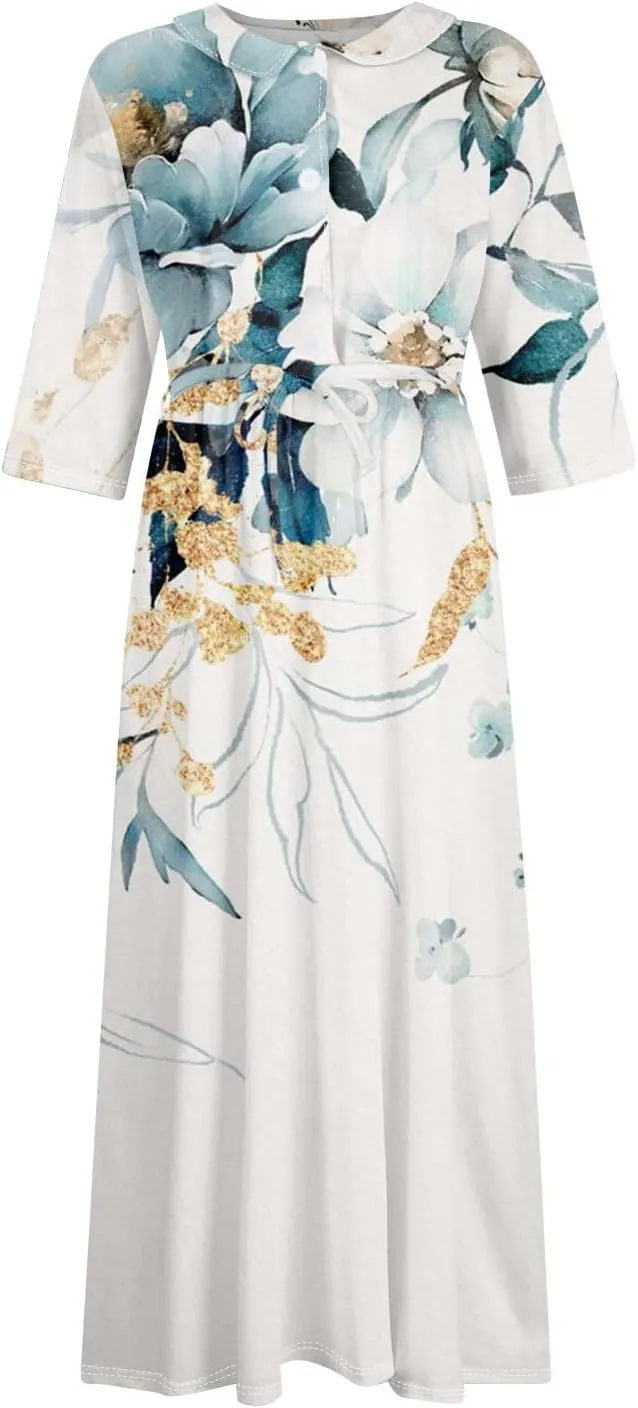 Summer Dress for Women 3/4 Sleeve Button Up A Line Flowy Maxi Dresses Vintage Floral Literary Simple Cotton Dress
