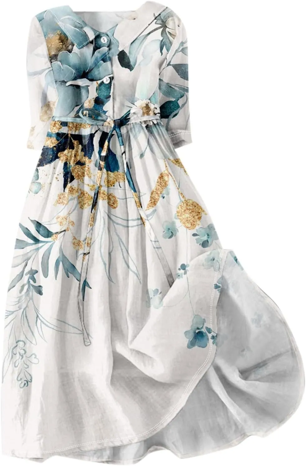 Summer Dress for Women 3/4 Sleeve Button Up A Line Flowy Maxi Dresses Vintage Floral Literary Simple Cotton Dress