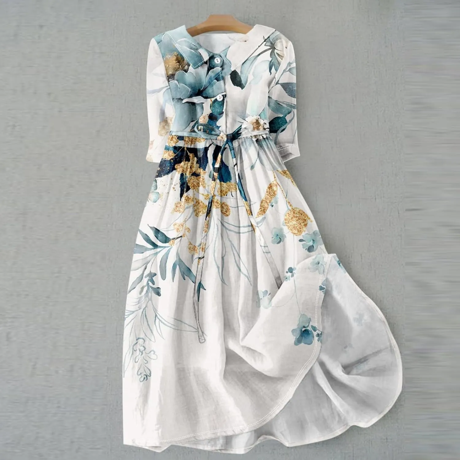 Summer Dress for Women 3/4 Sleeve Button Up A Line Flowy Maxi Dresses Vintage Floral Literary Simple Cotton Dress