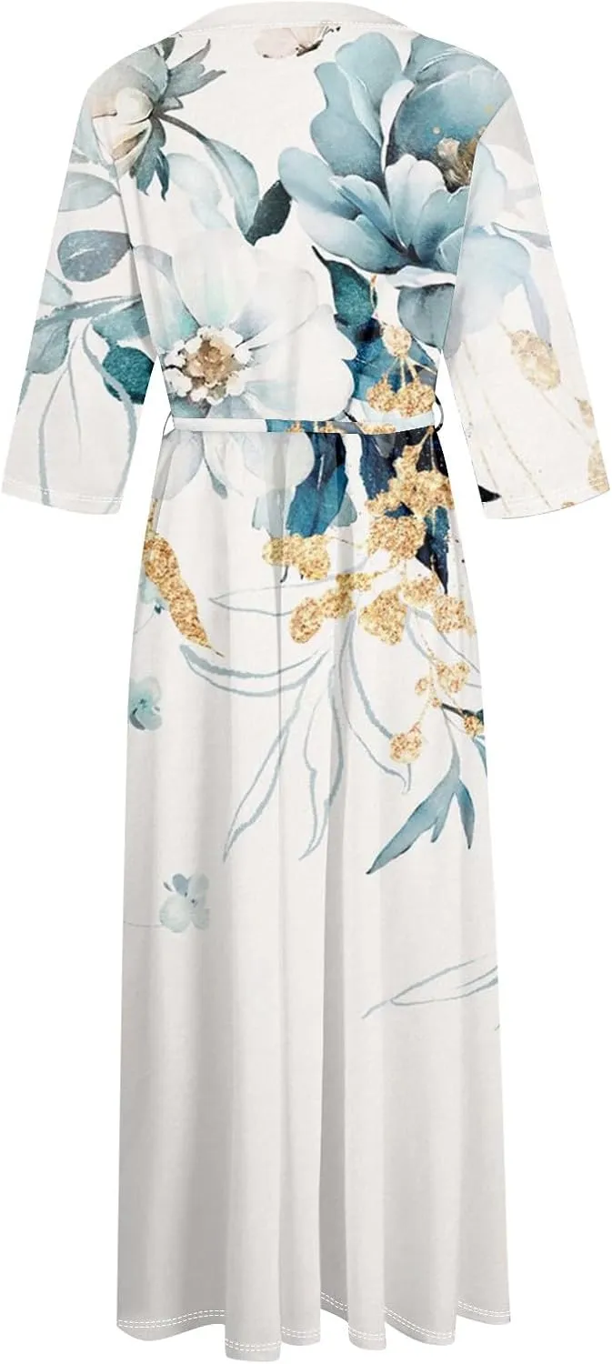Summer Dress for Women 3/4 Sleeve Button Up A Line Flowy Maxi Dresses Vintage Floral Literary Simple Cotton Dress