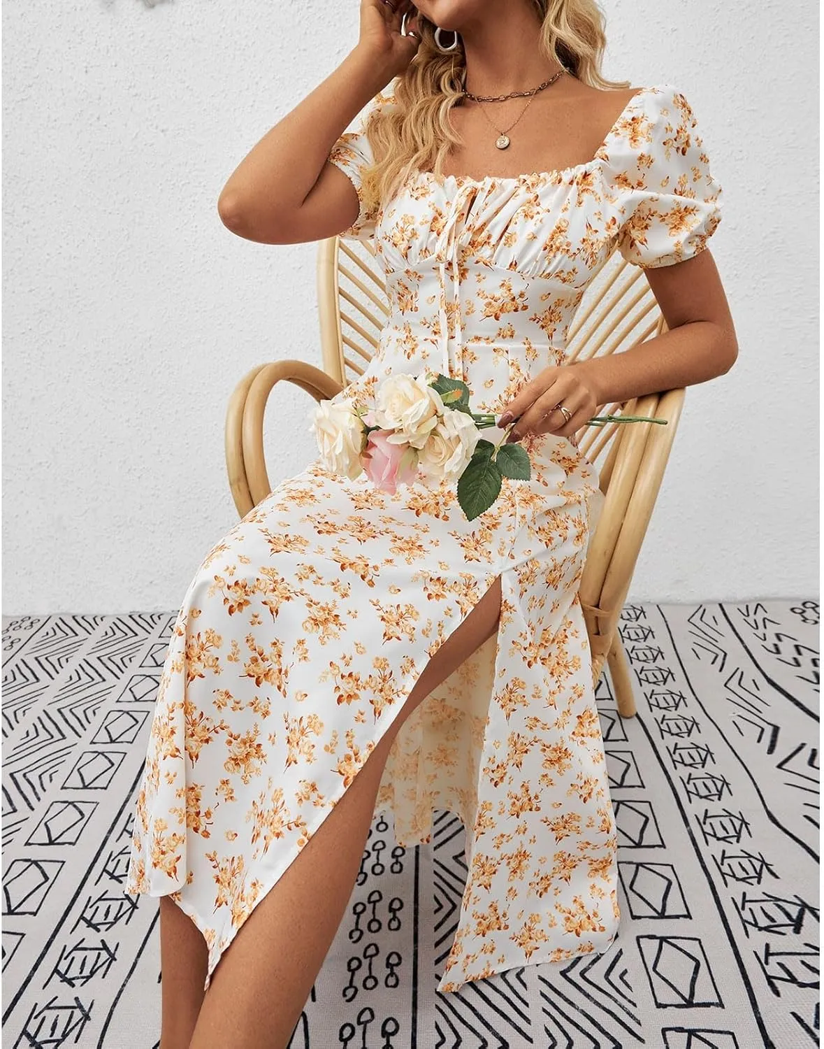 Summer Dresses for Women 2025 Puff Short Sleeve Long Boho Dresses Square Neck Floral Split Thigh Dress