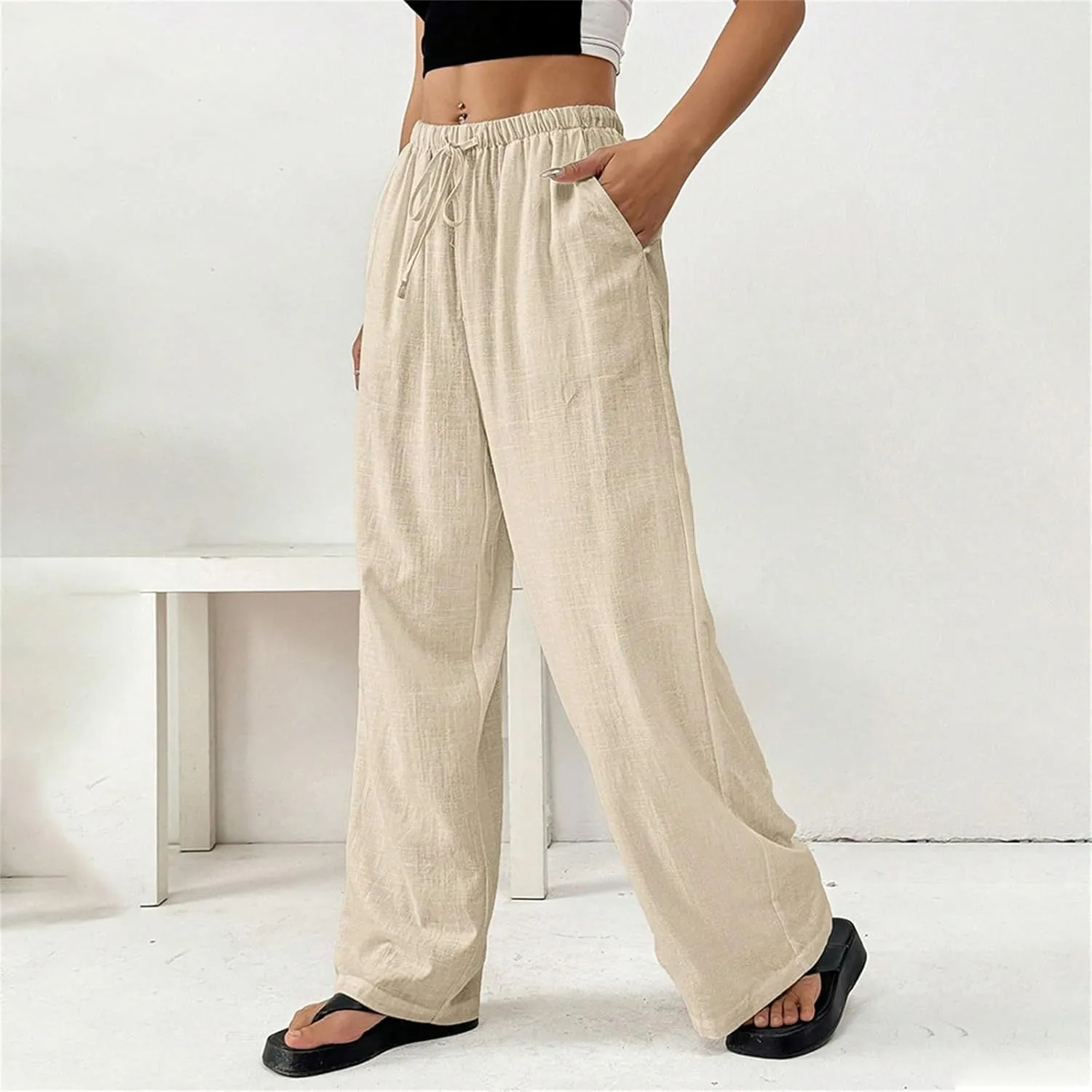 Summer Linen Palazzo Pants for Women Flowy Wide Leg Beach Trousers Loose Casual High Waist Yoga Pants with Pockets
