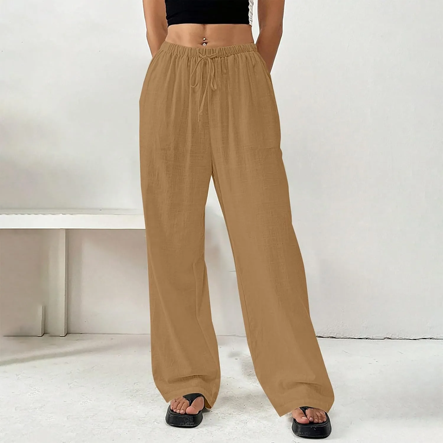 Summer Linen Palazzo Pants for Women Flowy Wide Leg Beach Trousers Loose Casual High Waist Yoga Pants with Pockets