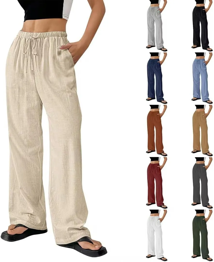 Summer Linen Palazzo Pants for Women Flowy Wide Leg Beach Trousers Loose Casual High Waist Yoga Pants with Pockets