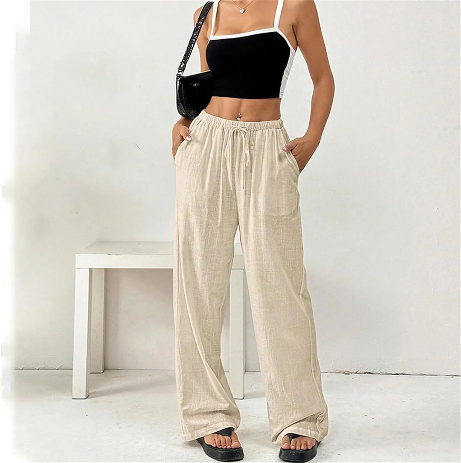 Summer Linen Palazzo Pants for Women Flowy Wide Leg Beach Trousers Loose Casual High Waist Yoga Pants with Pockets
