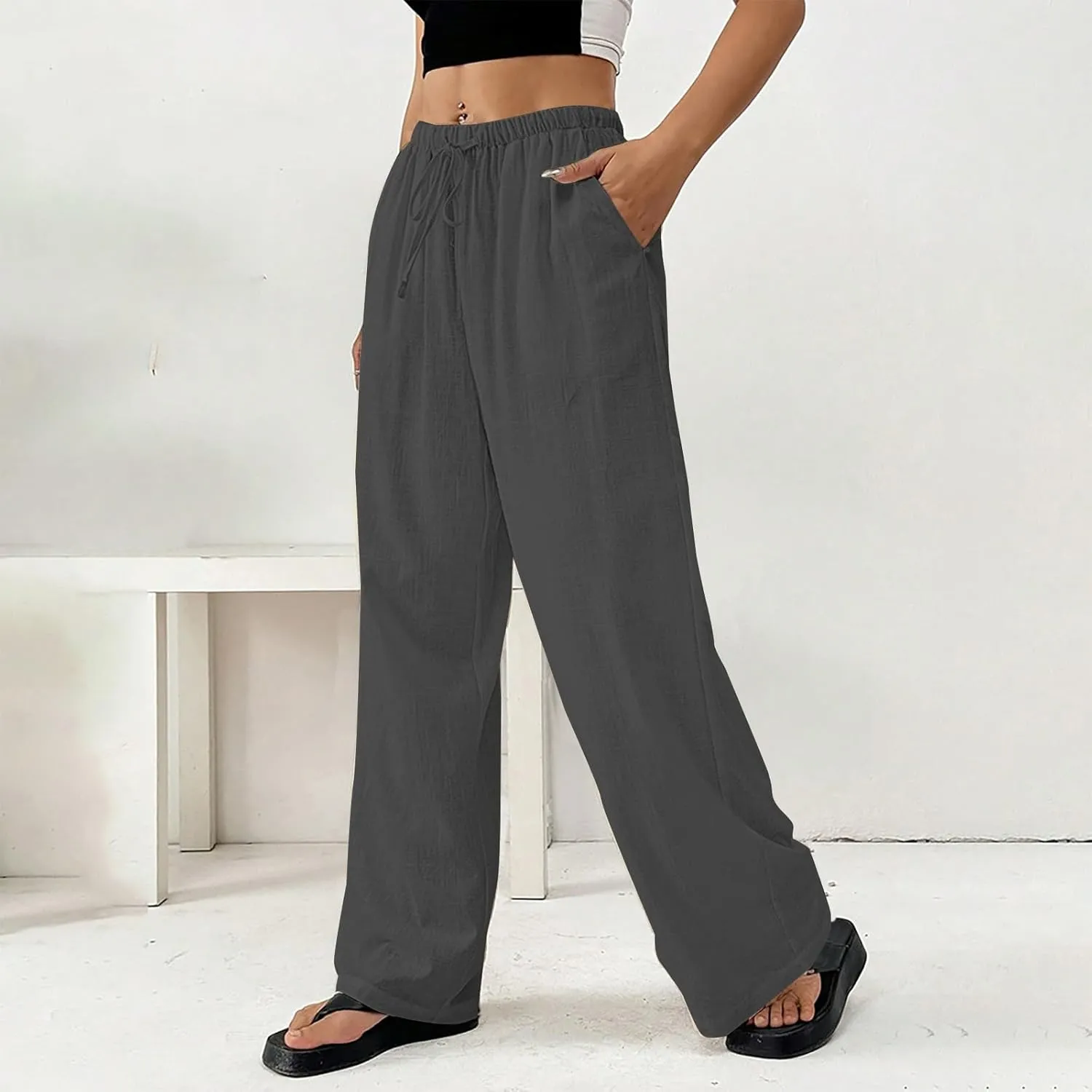Summer Linen Palazzo Pants for Women Flowy Wide Leg Beach Trousers Loose Casual High Waist Yoga Pants with Pockets