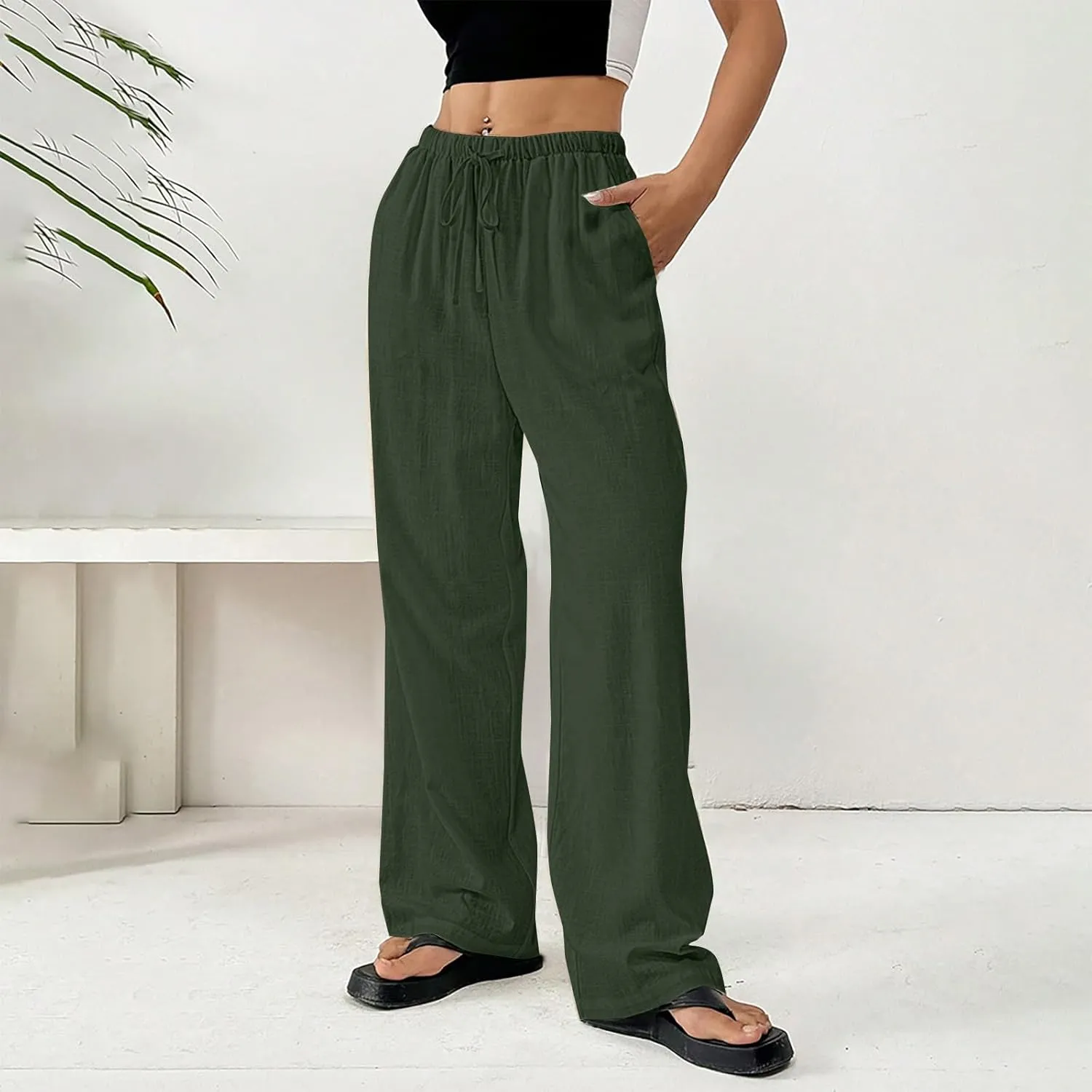 Summer Linen Palazzo Pants for Women Flowy Wide Leg Beach Trousers Loose Casual High Waist Yoga Pants with Pockets