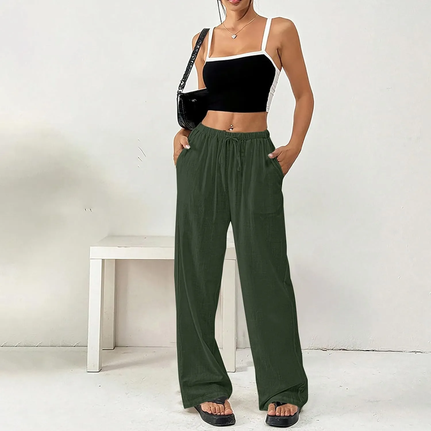 Summer Linen Palazzo Pants for Women Flowy Wide Leg Beach Trousers Loose Casual High Waist Yoga Pants with Pockets