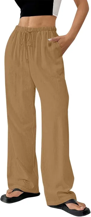 Summer Linen Palazzo Pants for Women Flowy Wide Leg Beach Trousers Loose Casual High Waist Yoga Pants with Pockets