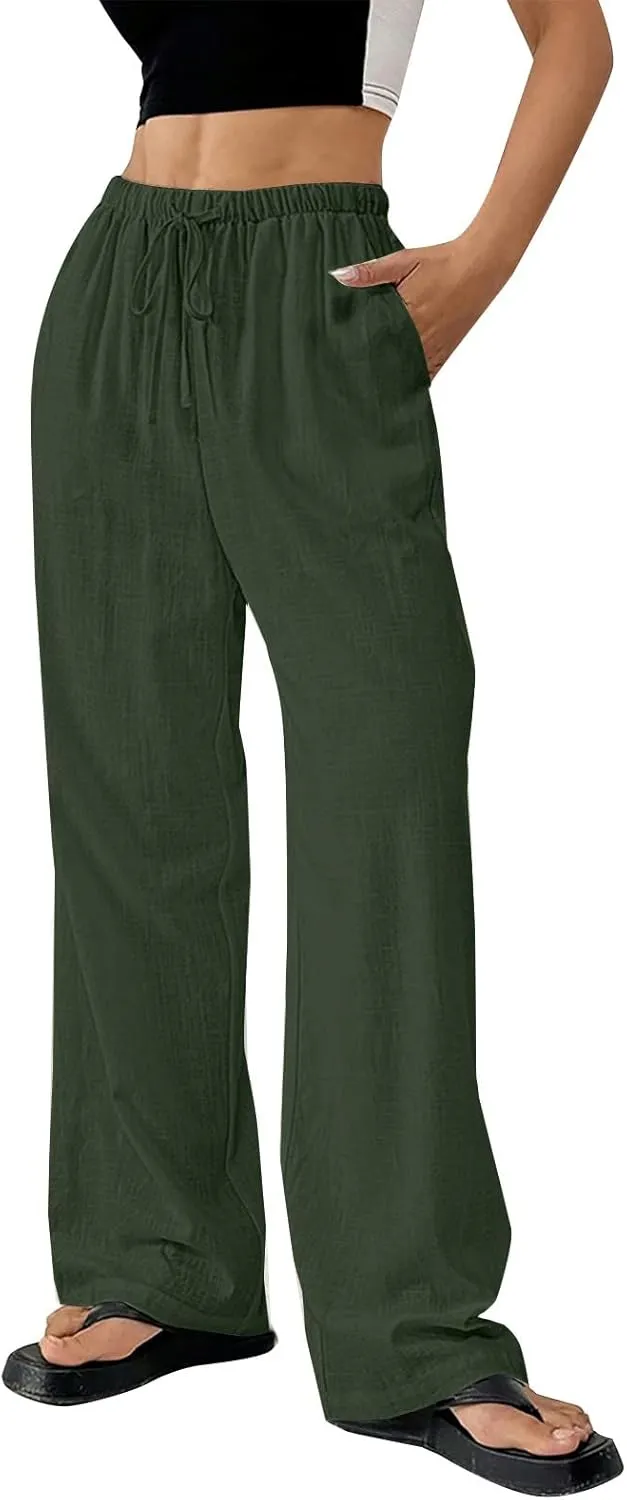 Summer Linen Palazzo Pants for Women Flowy Wide Leg Beach Trousers Loose Casual High Waist Yoga Pants with Pockets