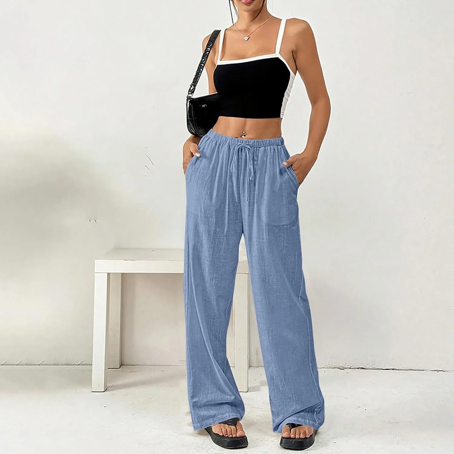 Summer Linen Palazzo Pants for Women Flowy Wide Leg Beach Trousers Loose Casual High Waist Yoga Pants with Pockets