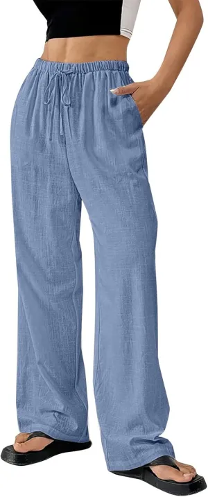 Summer Linen Palazzo Pants for Women Flowy Wide Leg Beach Trousers Loose Casual High Waist Yoga Pants with Pockets