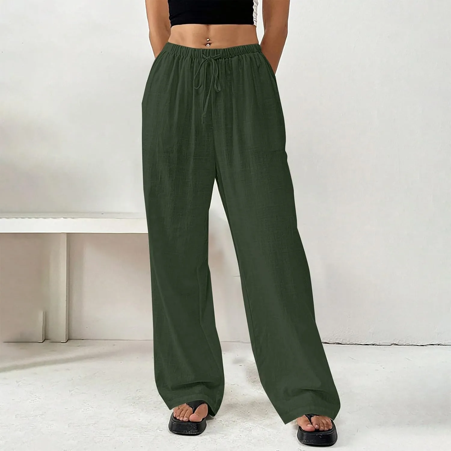 Summer Linen Palazzo Pants for Women Flowy Wide Leg Beach Trousers Loose Casual High Waist Yoga Pants with Pockets