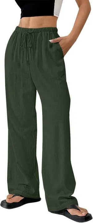 Summer Linen Palazzo Pants for Women Flowy Wide Leg Beach Trousers Loose Casual High Waist Yoga Pants with Pockets