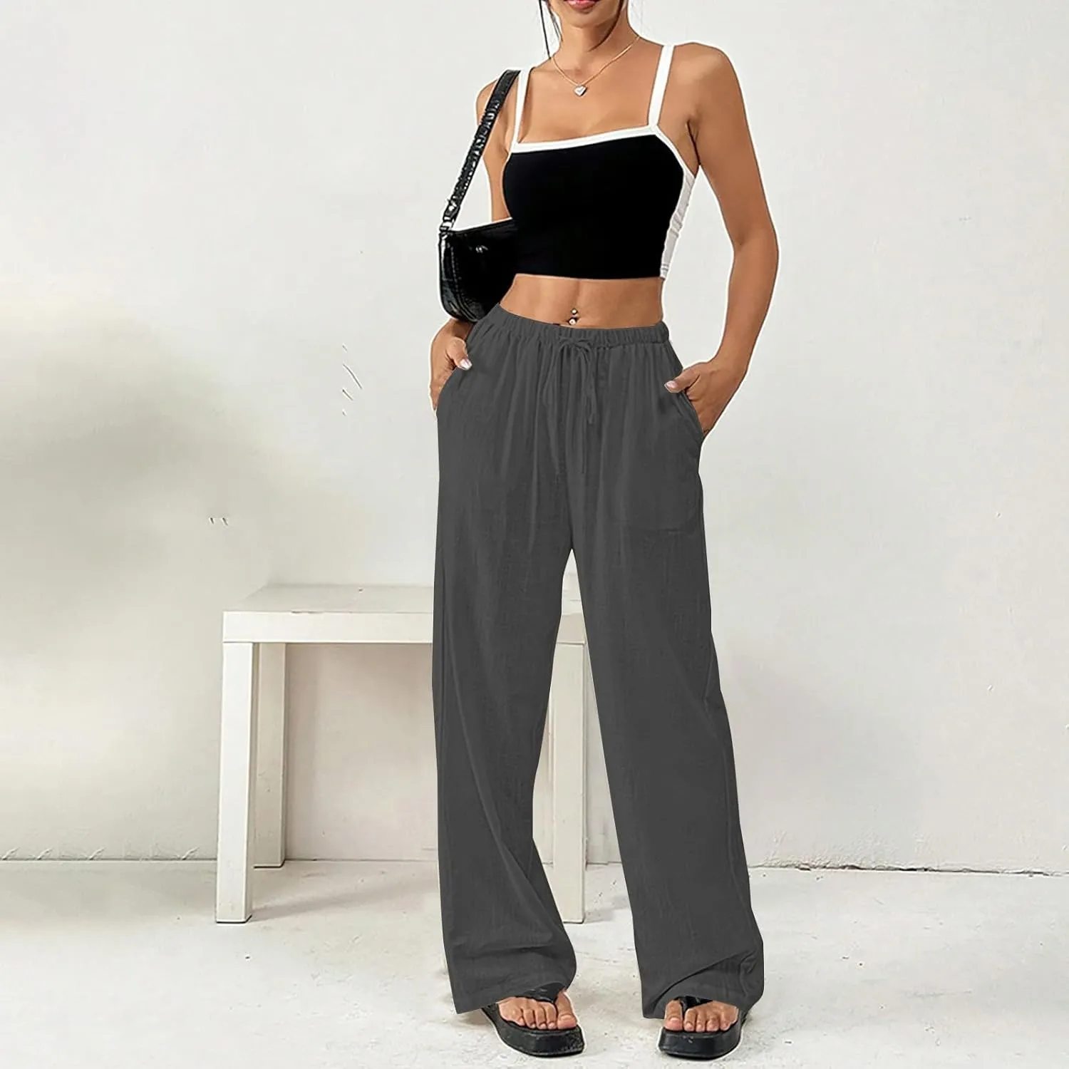 Summer Linen Palazzo Pants for Women Flowy Wide Leg Beach Trousers Loose Casual High Waist Yoga Pants with Pockets