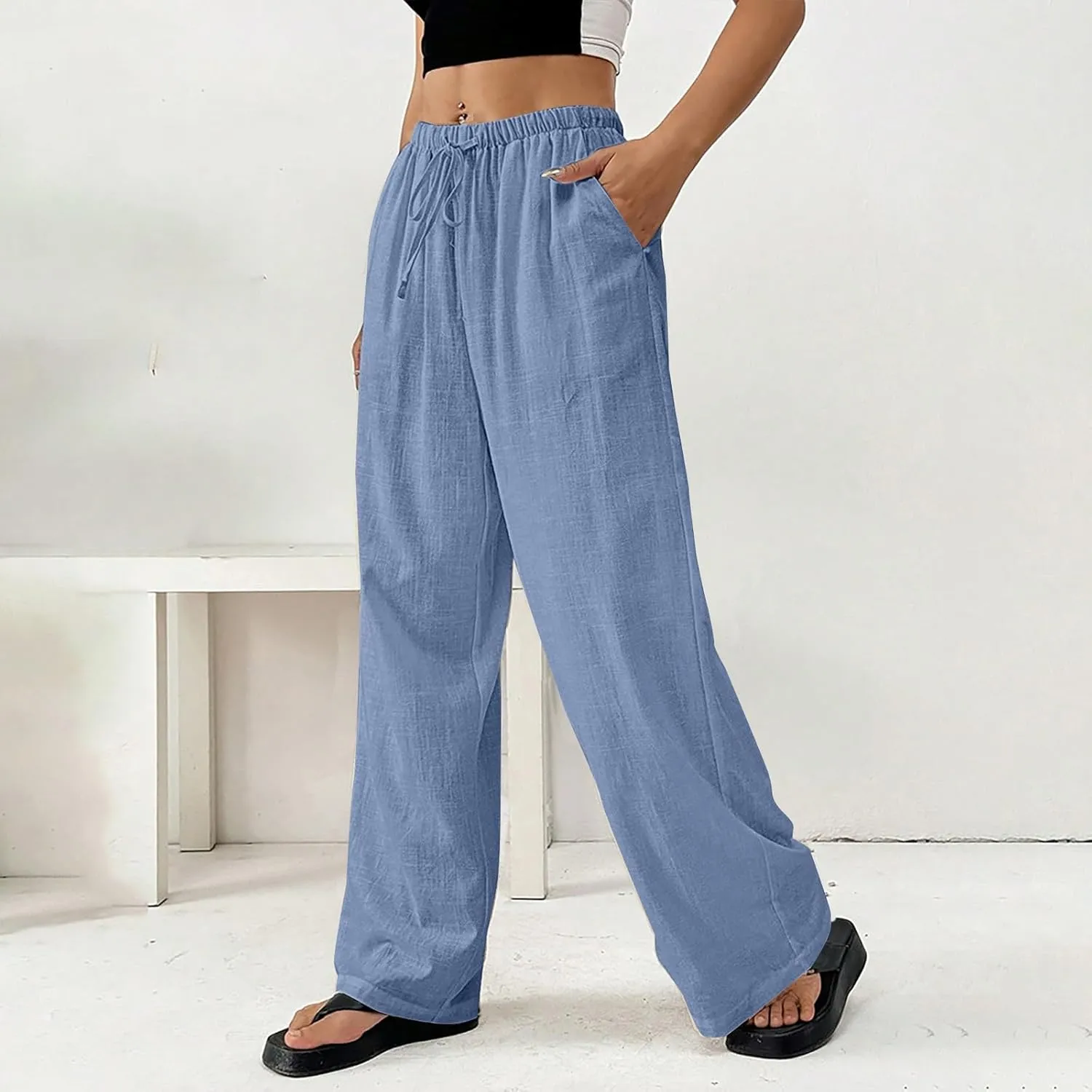 Summer Linen Palazzo Pants for Women Flowy Wide Leg Beach Trousers Loose Casual High Waist Yoga Pants with Pockets